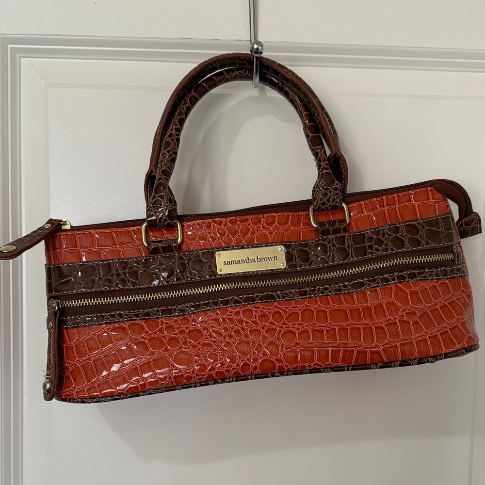 Crocodile Embossed 🍷 Satchel in Orange and Brown